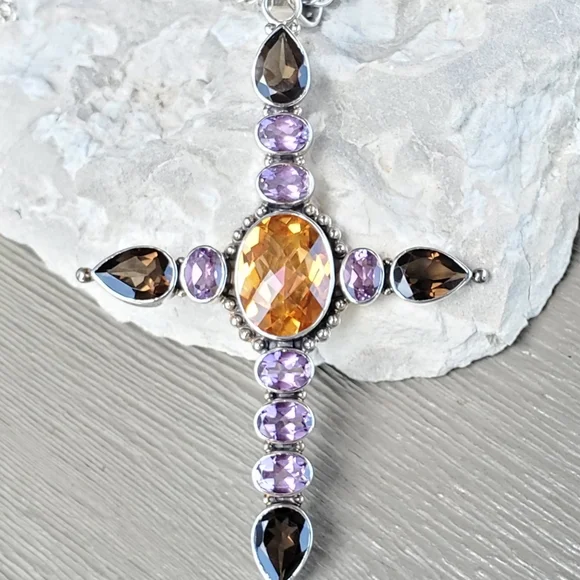 NICKY BUTLER NB 925 Sterling Silver Amethyst Smoky Quartz Cross Pendant Necklace - Picture 8 of 12
